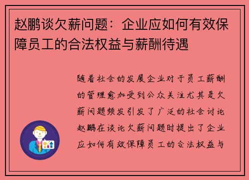 赵鹏谈欠薪问题：企业应如何有效保障员工的合法权益与薪酬待遇